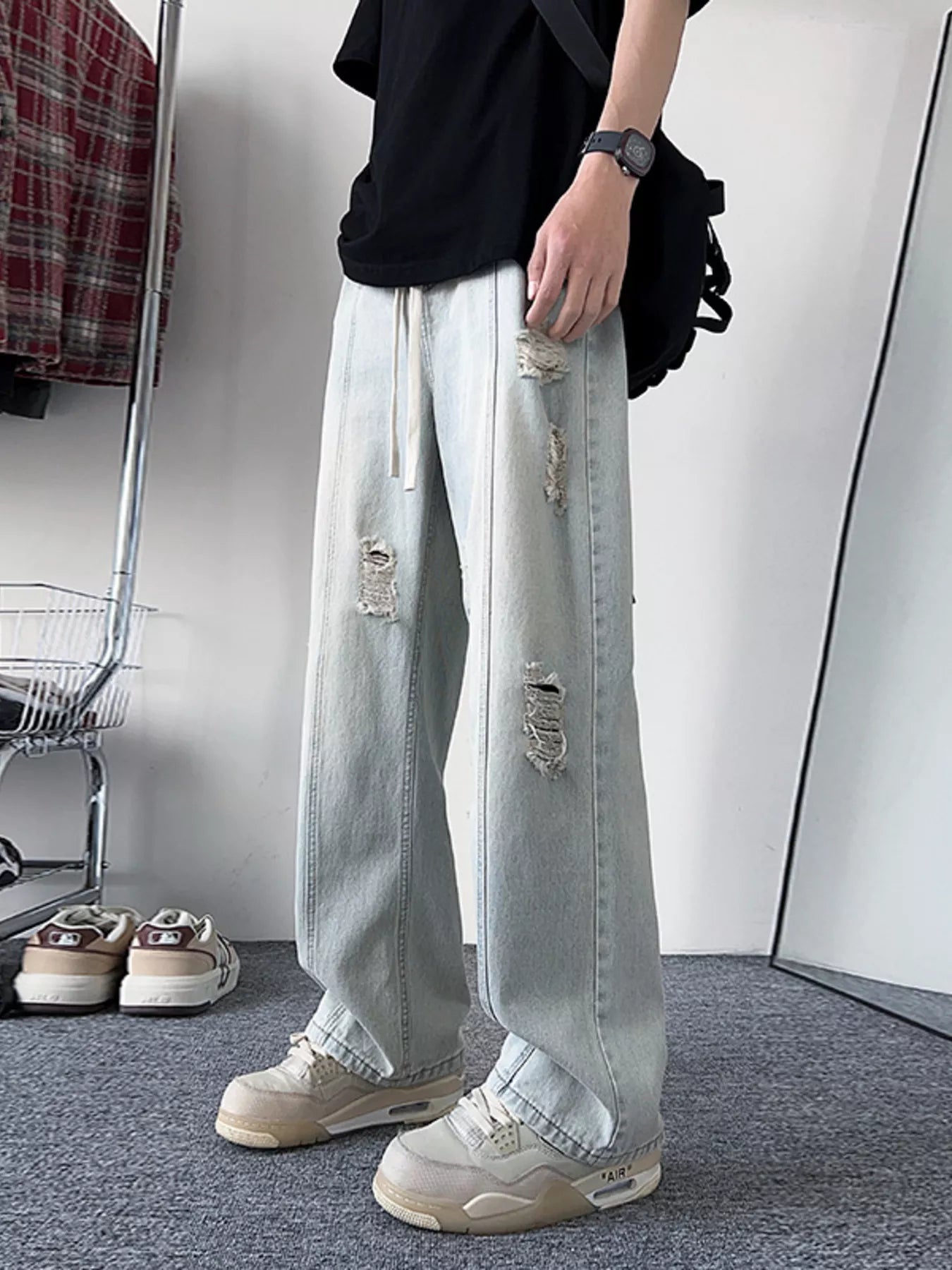 Oversized light blue denim jeans plus size distressed wide leg S-3XL