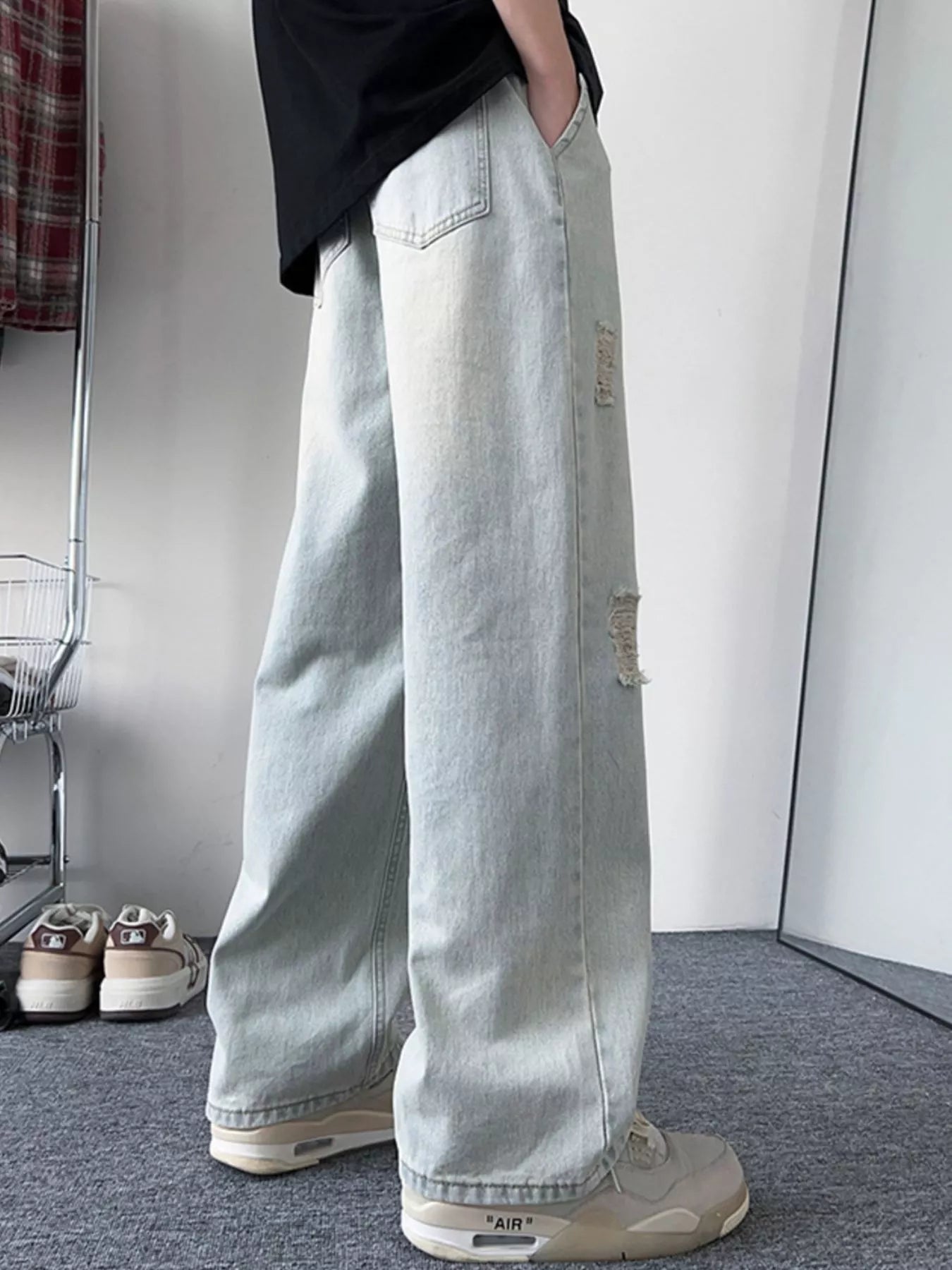 Oversized light blue denim jeans plus size distressed wide leg S-3XL