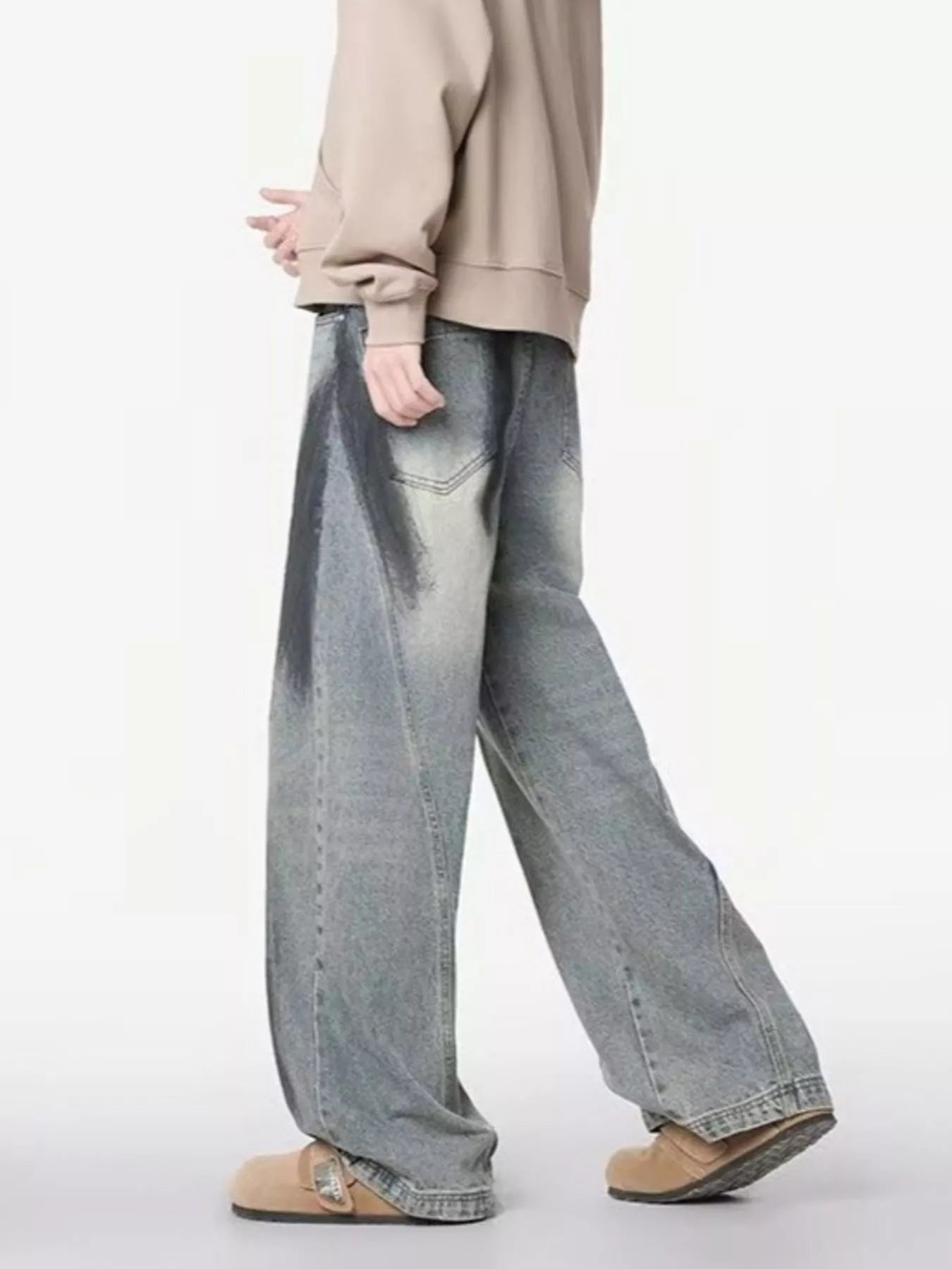 Belted wide leg jeans men plus size distressed denim M-3XL