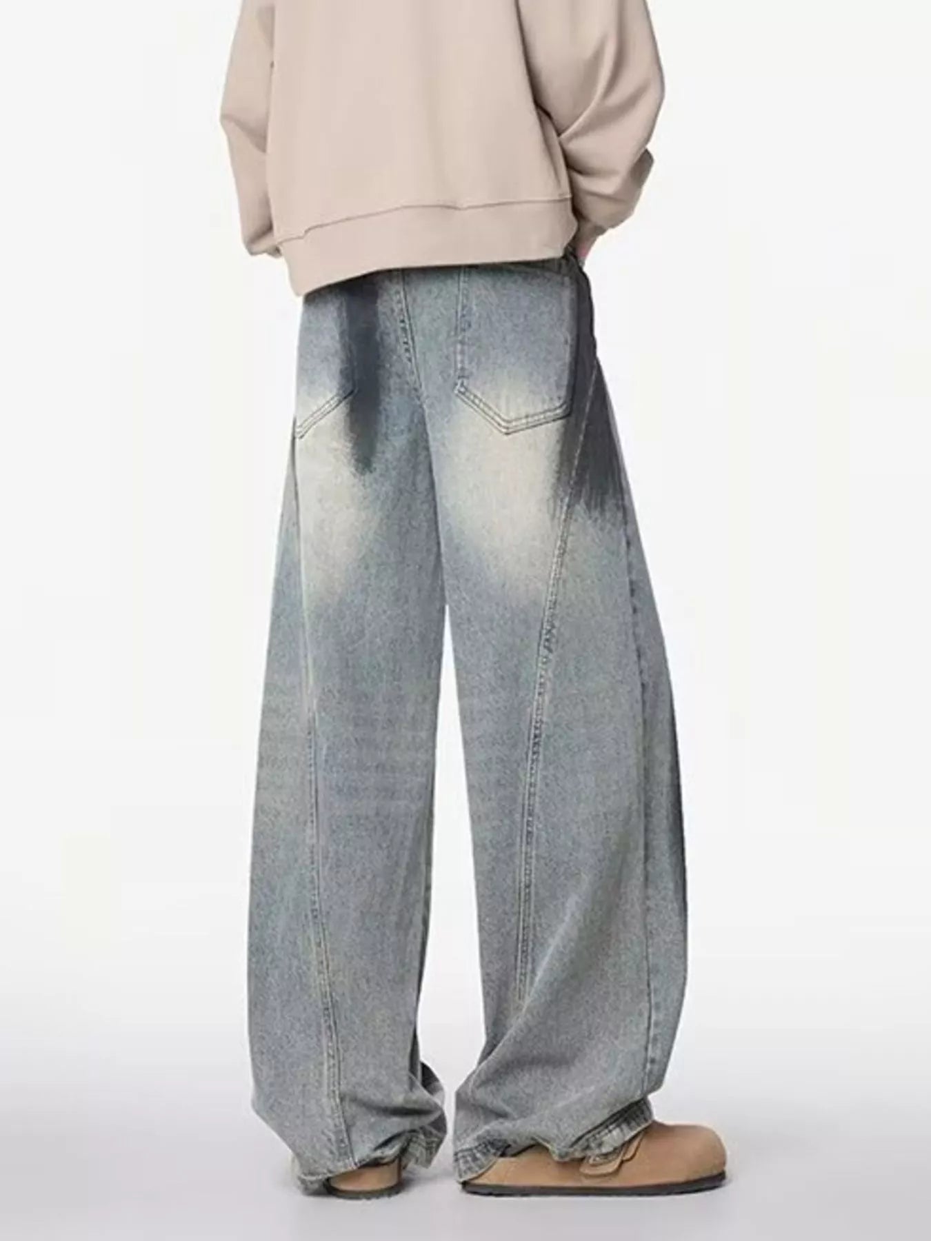 Belted wide leg jeans men plus size distressed denim M-3XL