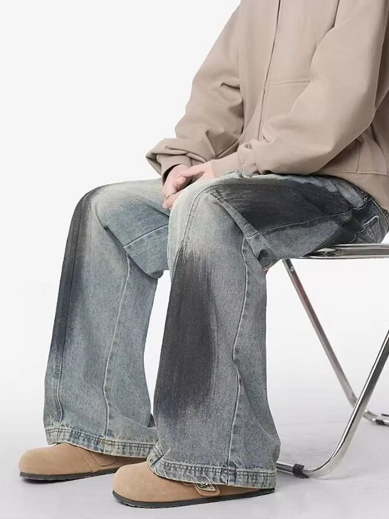 Belted wide leg jeans men plus size distressed denim M-3XL