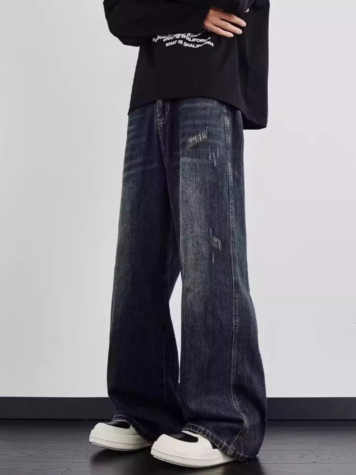 Blue distressed jeans men's plus size wide leg S-2XL