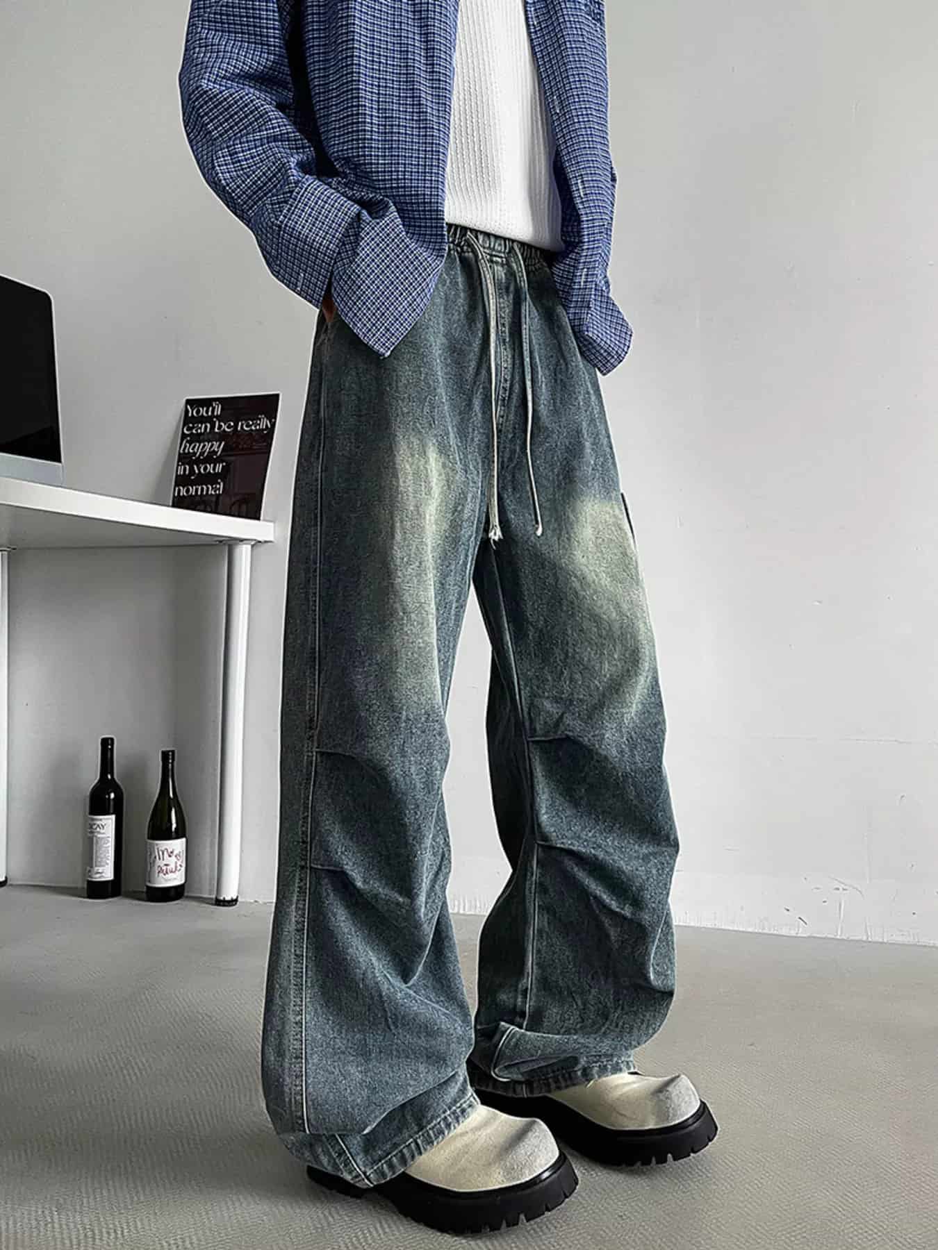 Drawstring cargo jeans men plus size utility denim M-3XL