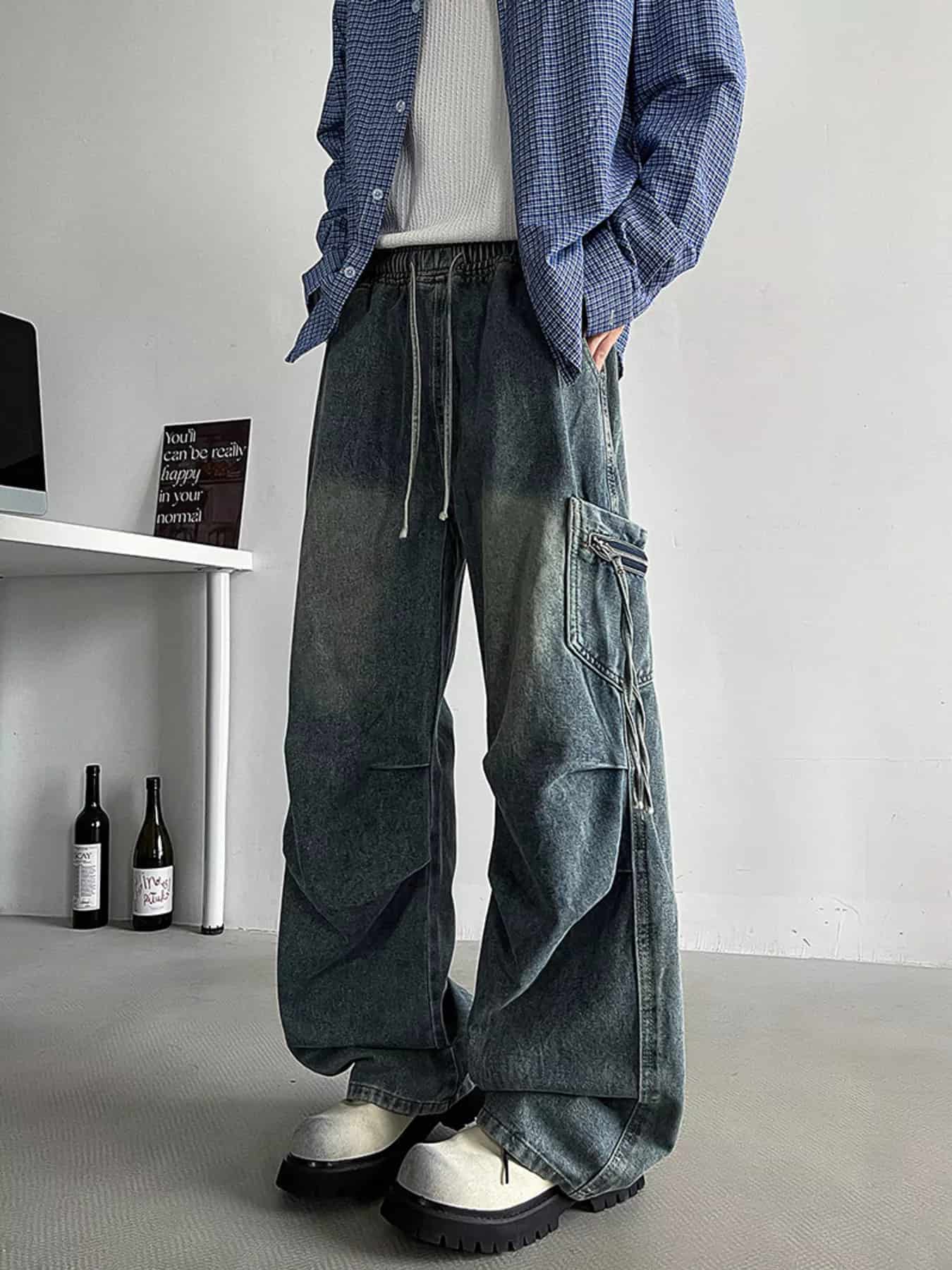Drawstring cargo jeans men plus size utility denim M-3XL