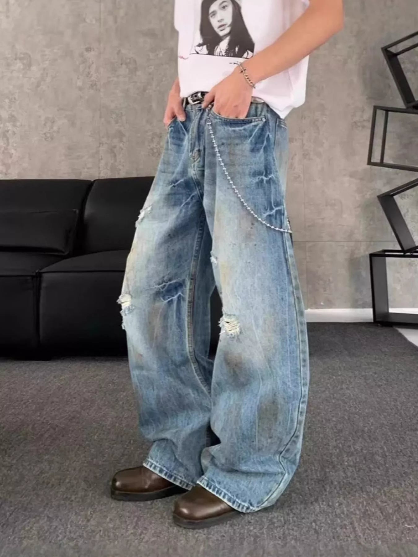 Best mens jeans plus size distressed wide leg chain detail
