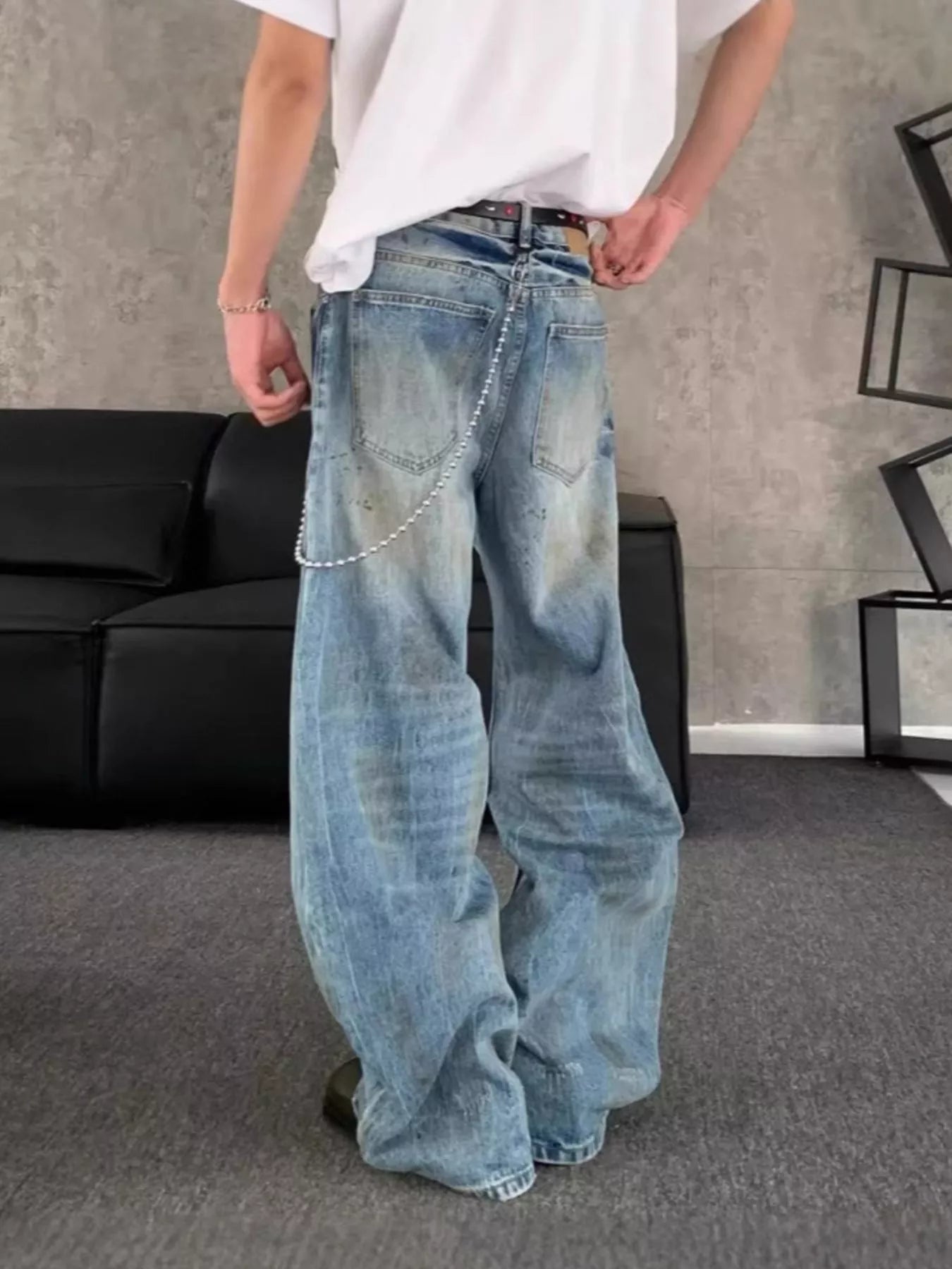 Best mens jeans plus size distressed wide leg chain detail