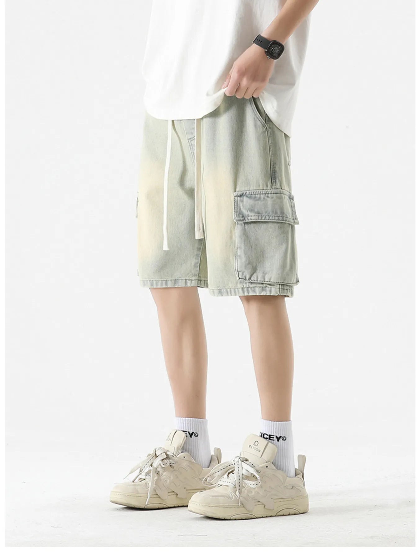 Premium cargo denim shorts for men vintage wash plus size S-3XL