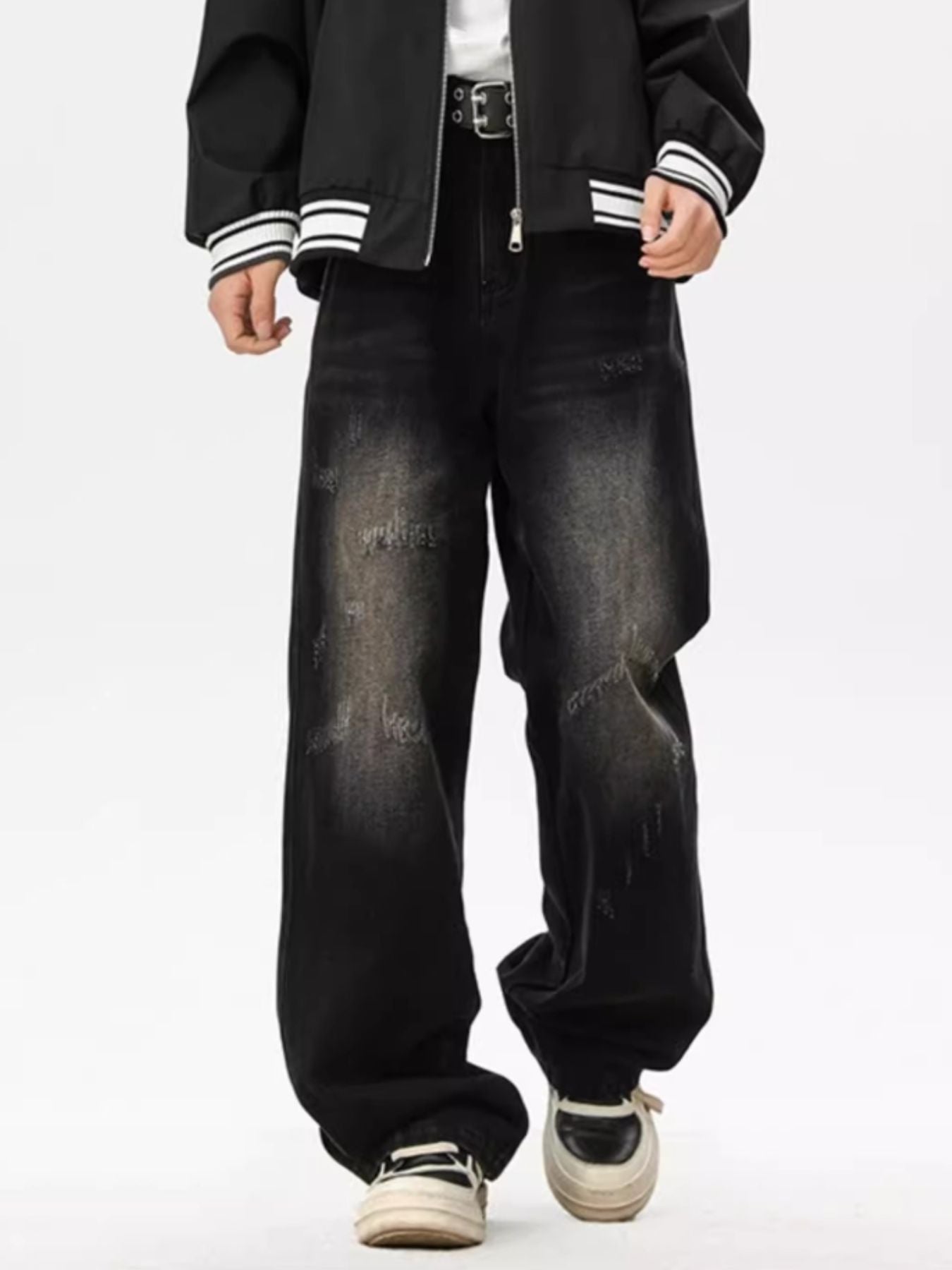 Plus size wide leg jeans washed distressed denim S-2XL