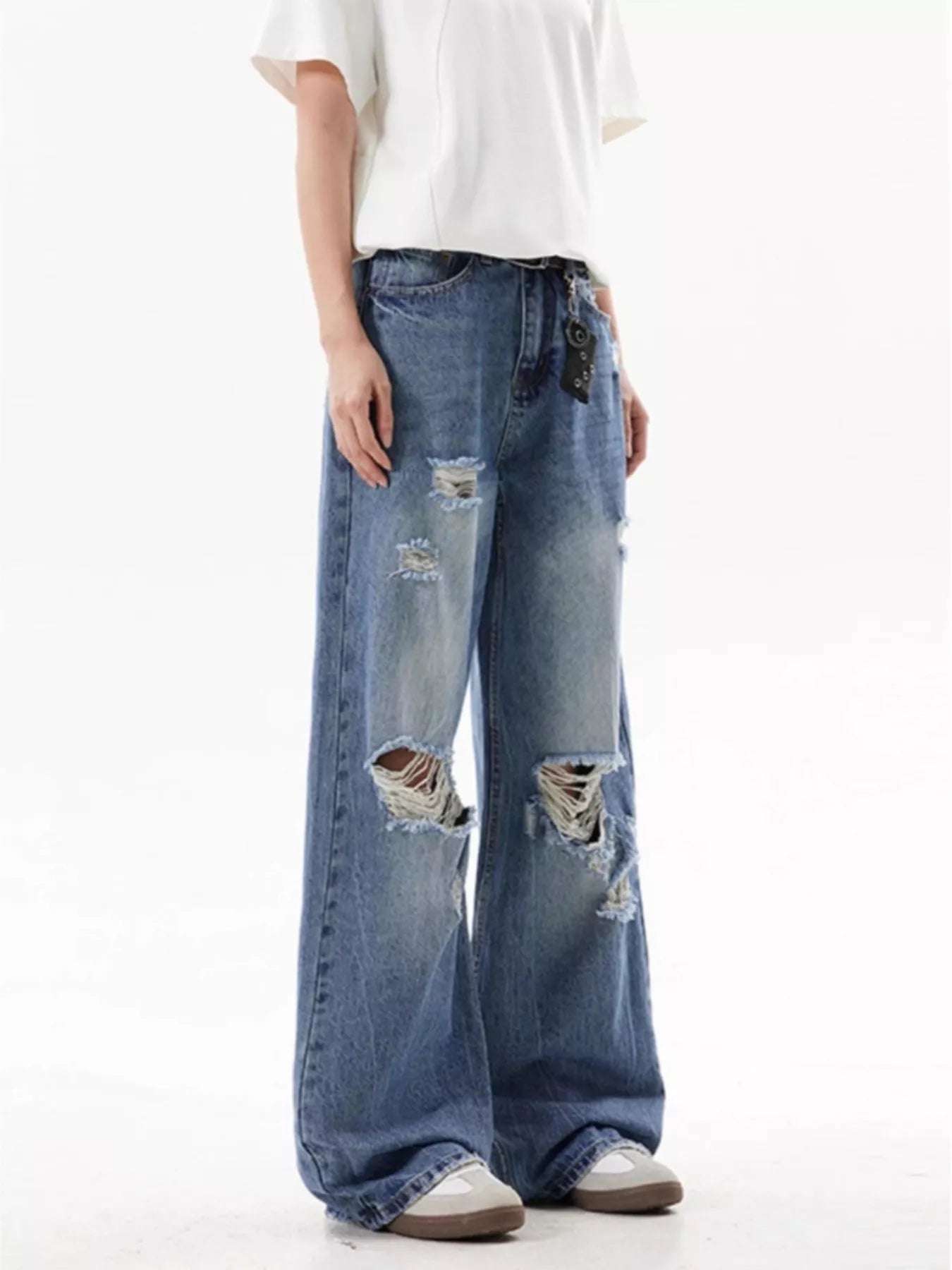 Blue ripped wide leg jeans men plus size denim S-2XL