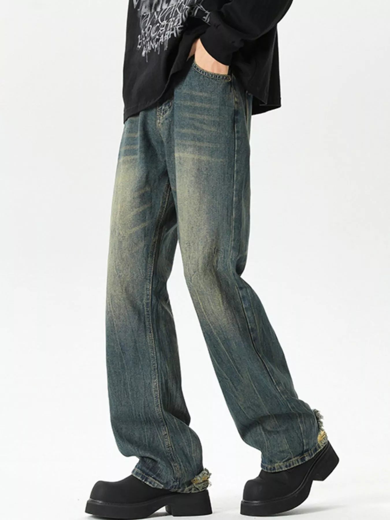 Wide leg dark blue jeans premium vintage wash plus size M-3XL