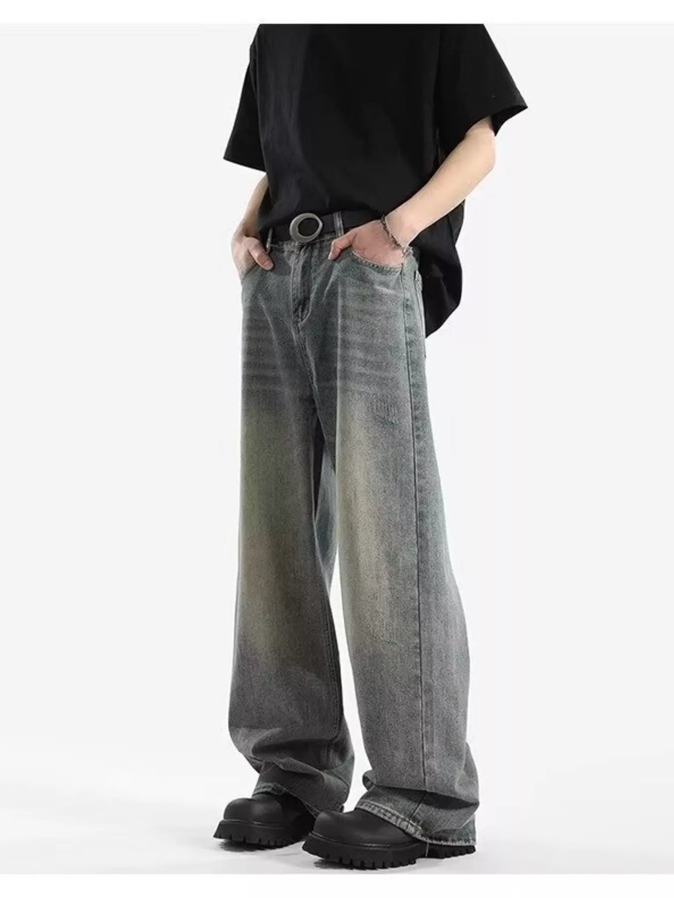 Retro Blue wide leg jeans men plus size vintage denim S-2XL