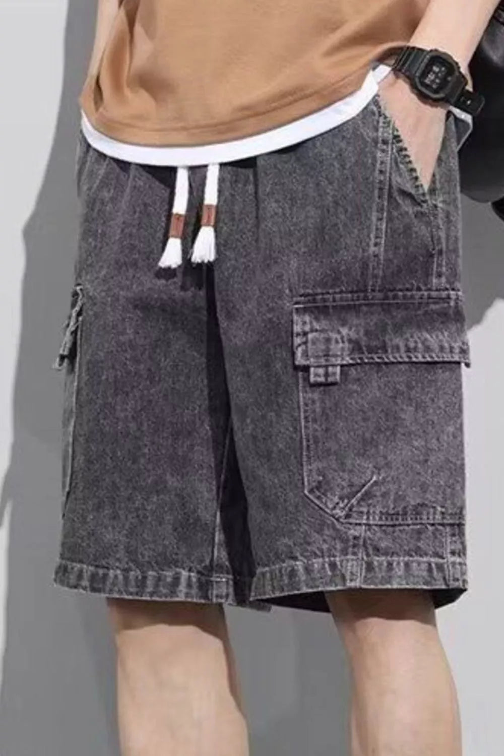 Stretch denim short shorts men's plus size vintage wash cargo S-3XL
