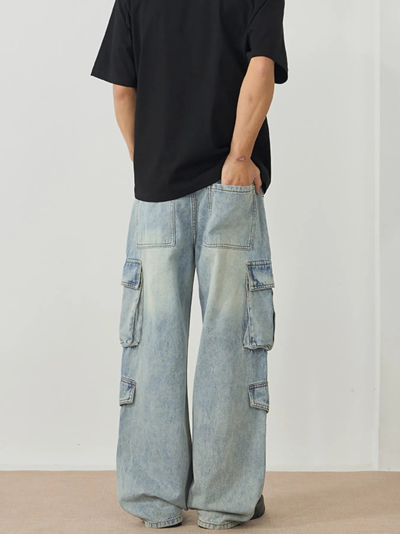 Straight leg jeans men oversized washed cargo denim XS-XL
