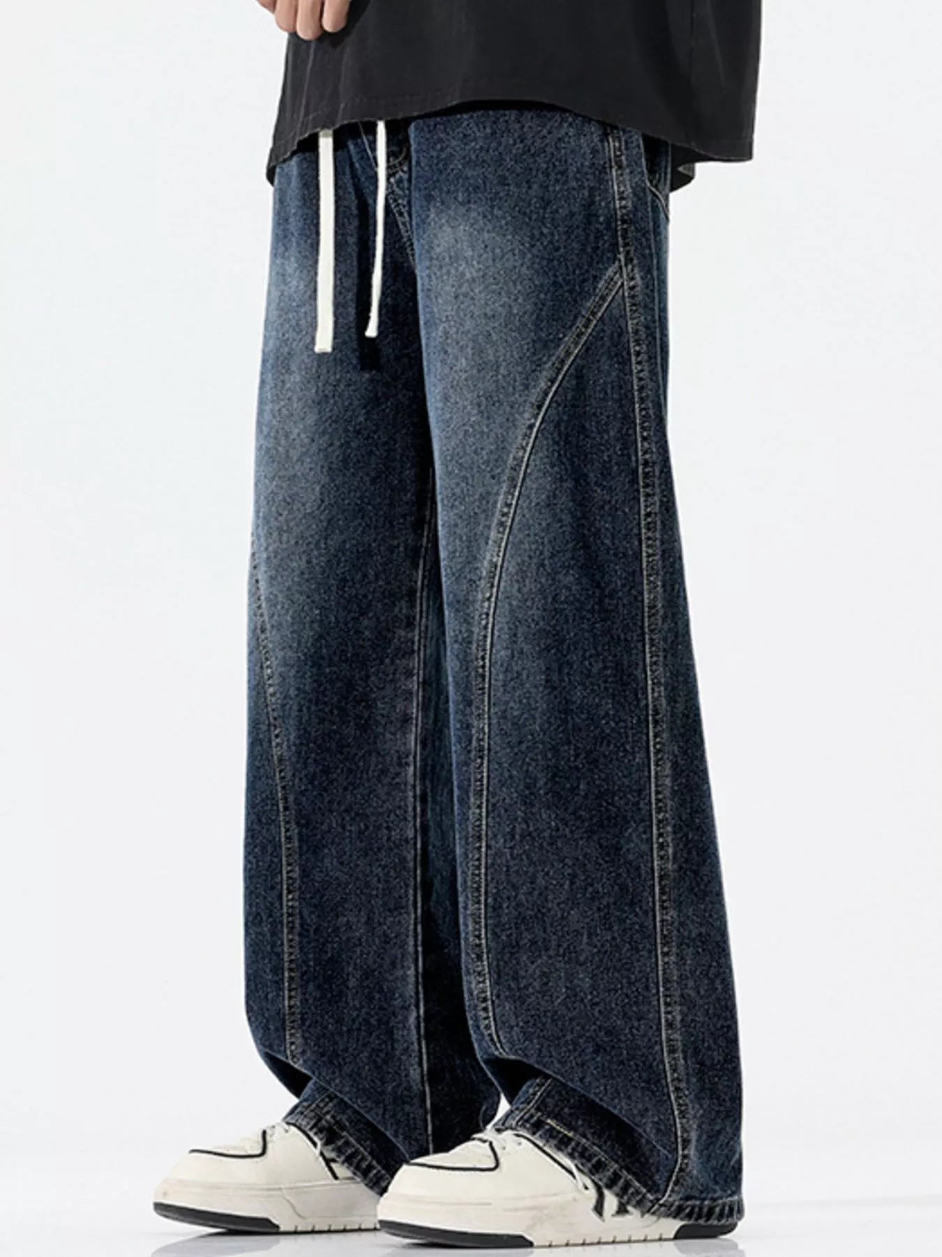High waisted denim jeans flare vintage blue drawstring S-5XL