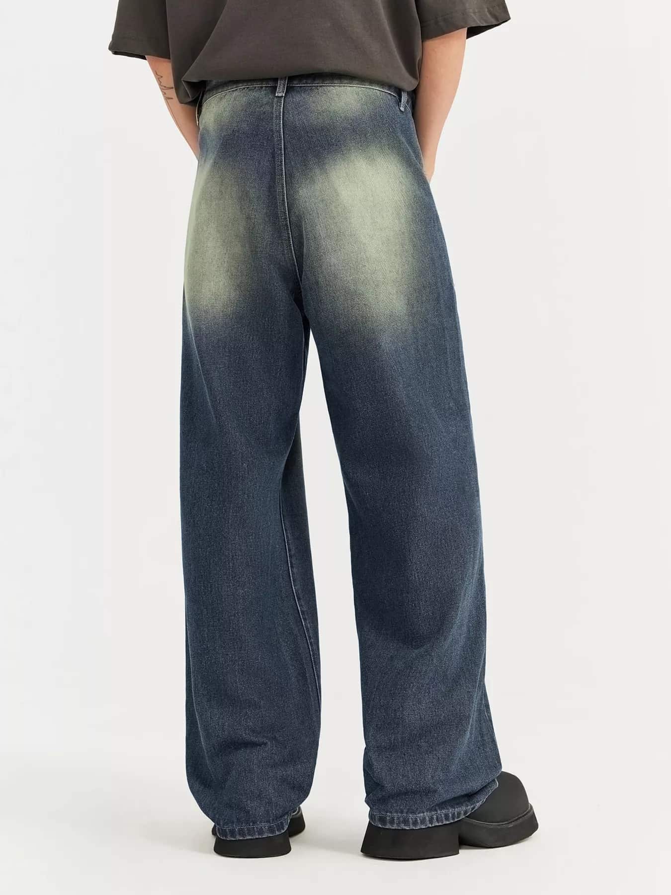 Dark wide leg jeans vintage blue wash men's slim waist S-XL