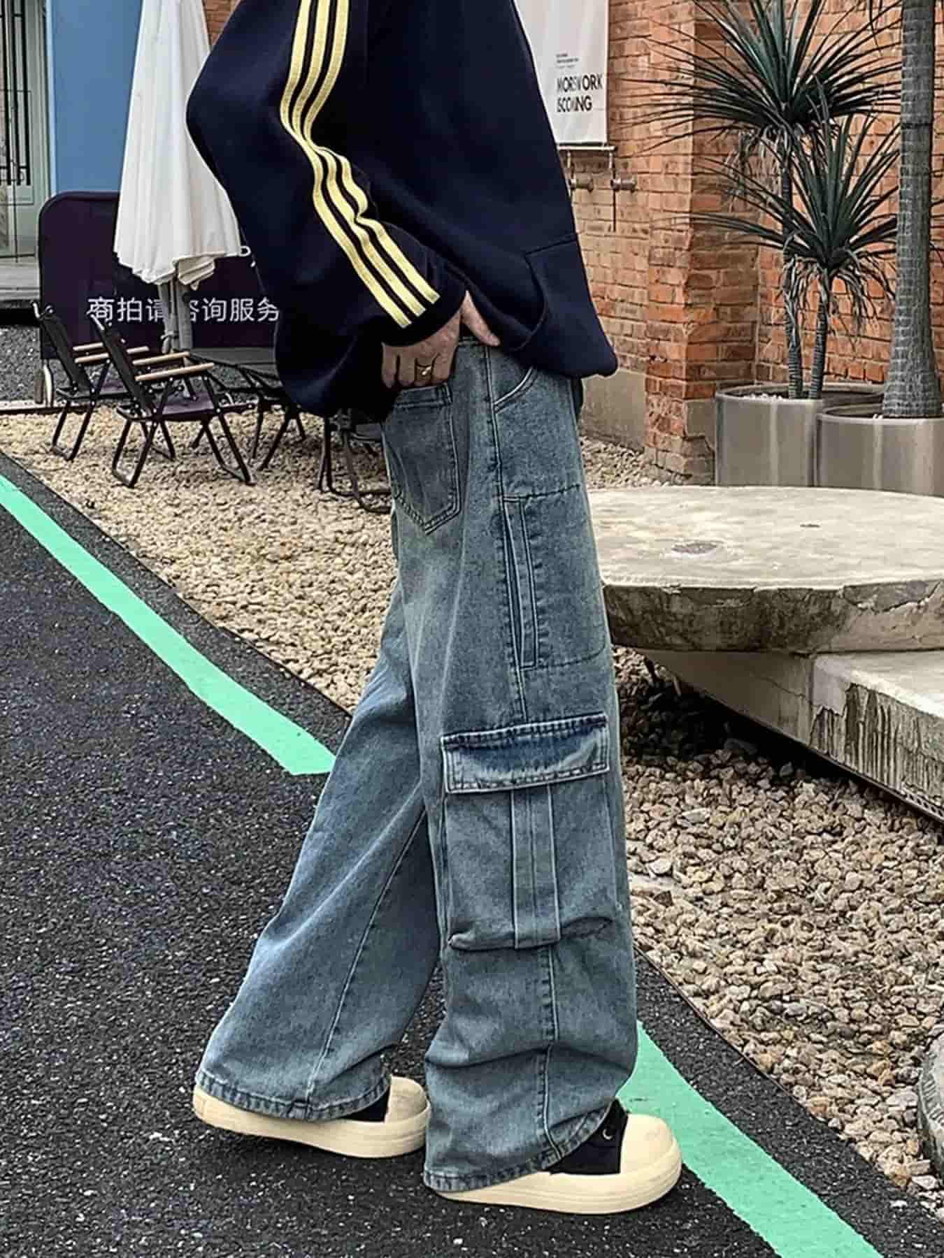 Vintage cargo jeans men plus size distressed wide leg denim S-2XL