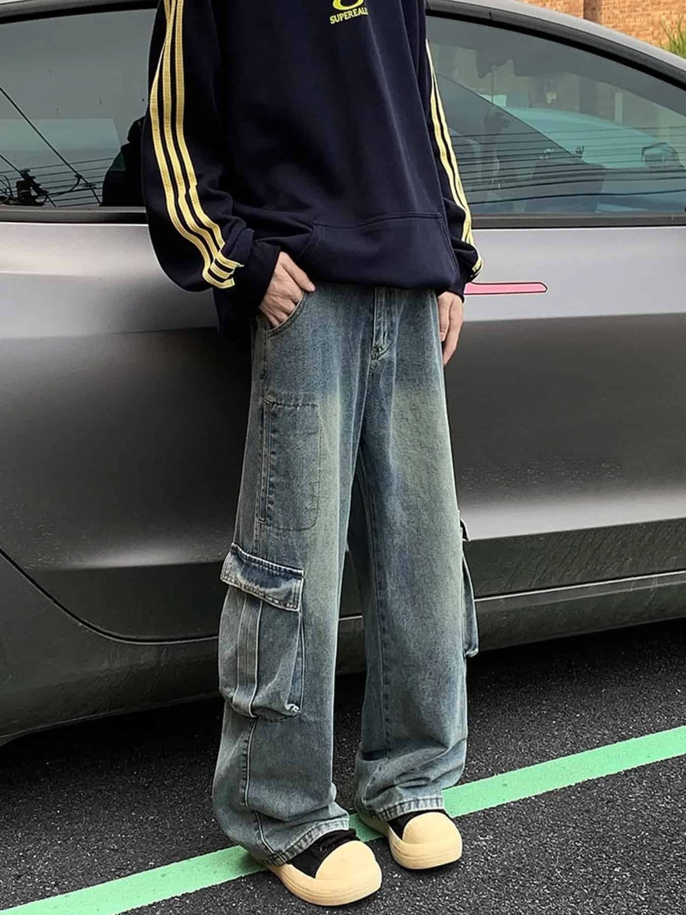 Vintage cargo jeans men plus size distressed wide leg denim S-2XL