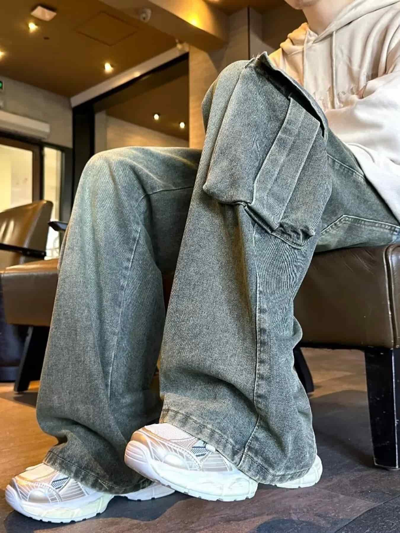 Vintage cargo jeans mens wide leg utility denim S-2XL