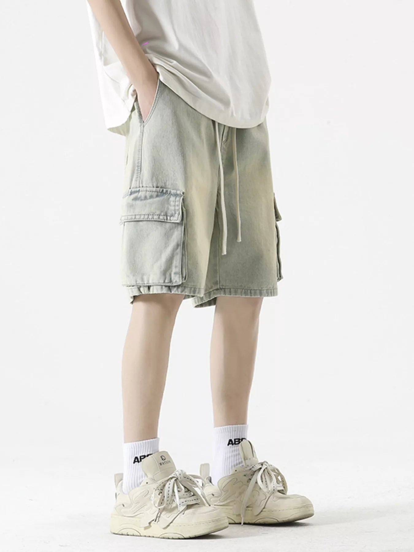 Premium cargo denim shorts for men vintage wash plus size S-3XL