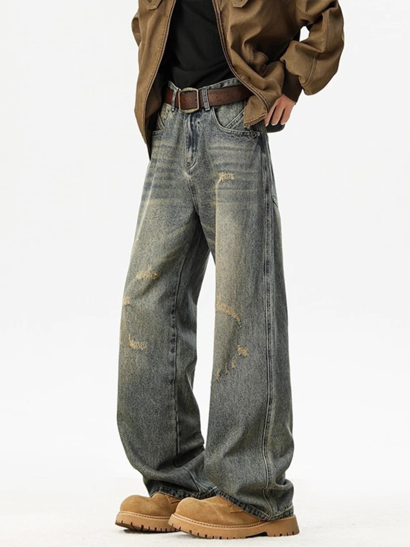 Plus size wide leg jeans washed distressed denim S-2XL