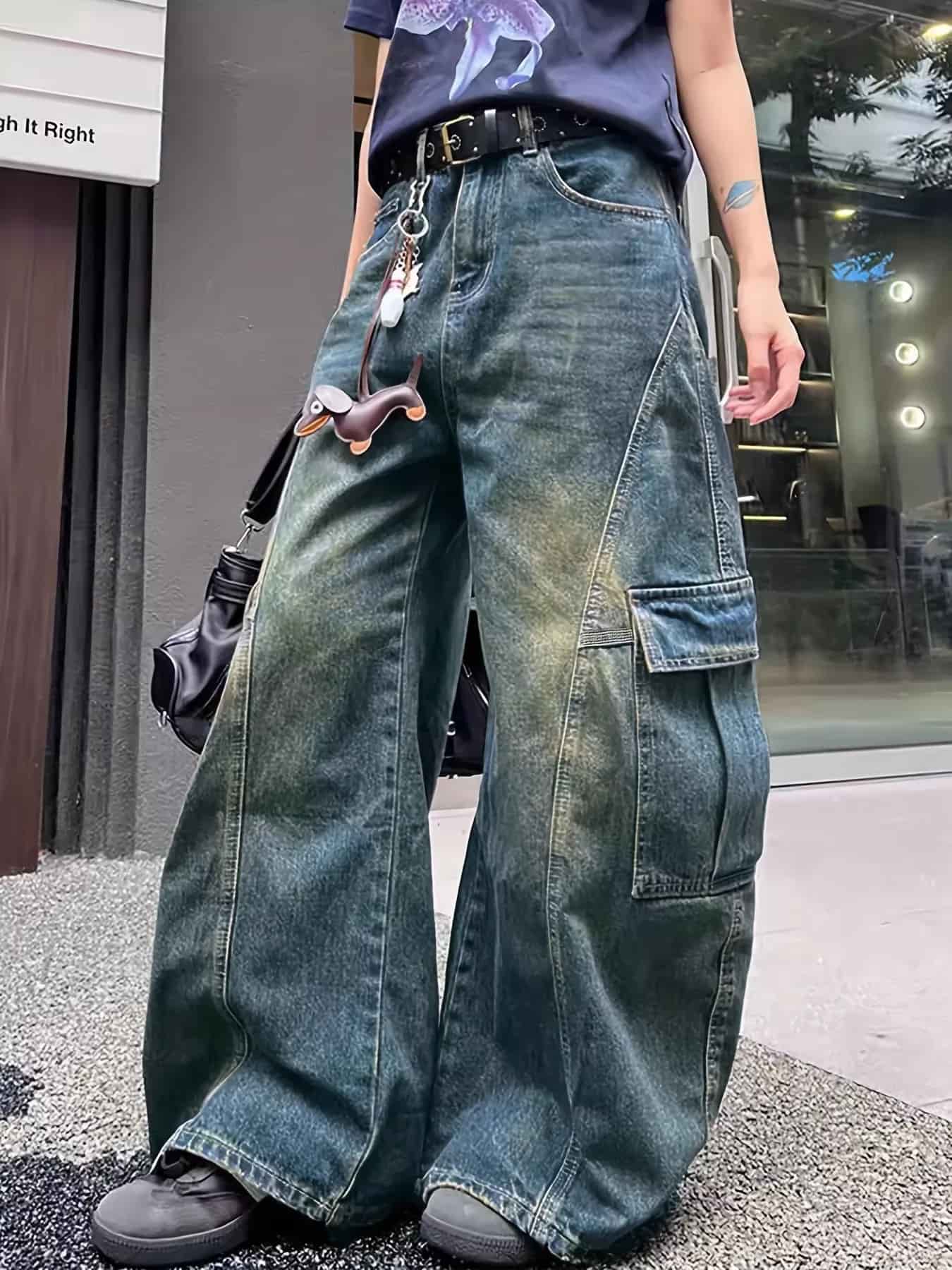 Wide leg cargo jeans men's vintage wash pocketed S-2XL