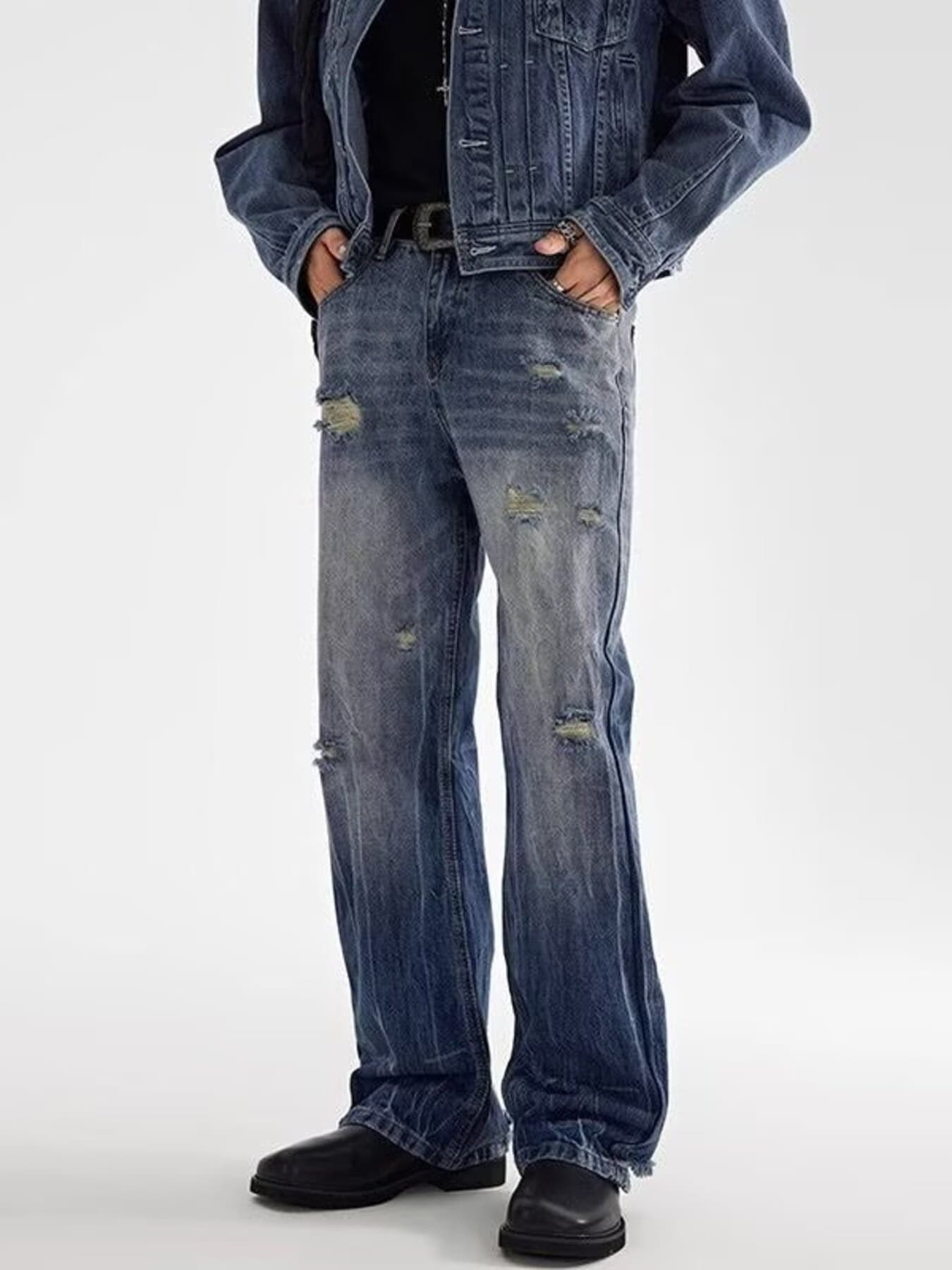 Loose fit jeans for men plus size distressed wide leg denim S-2XL