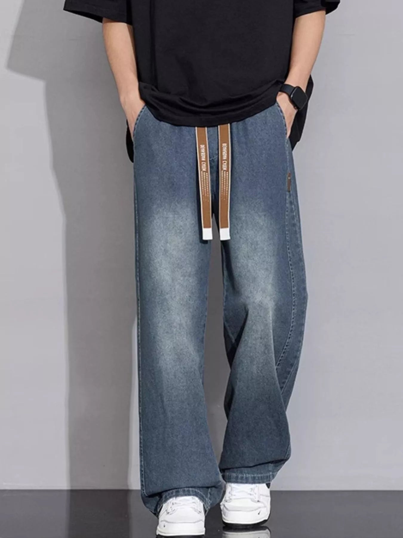 Wide legged jeans men plus size vintage Gray Blue S-3XL