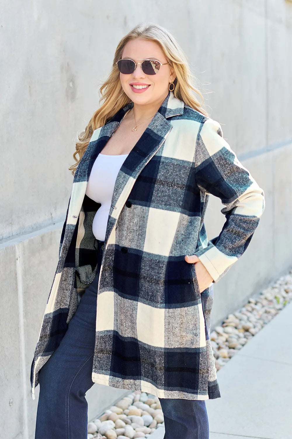 Date night outfit with pink plaid jacket over slip dress

