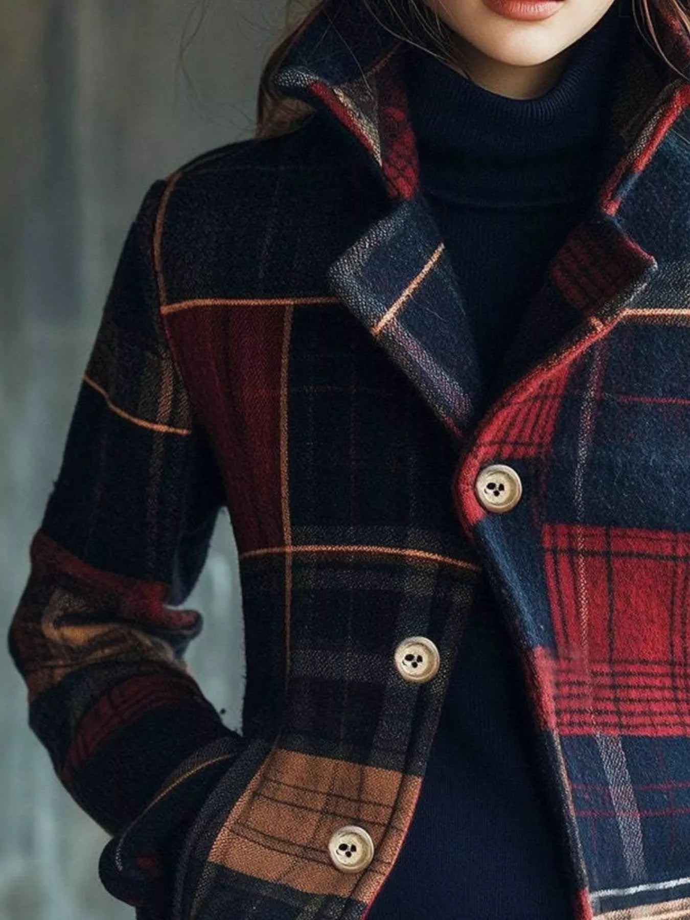 Close-up of soft plaid button-front shacket with collar and functional buttons, 100% polyester