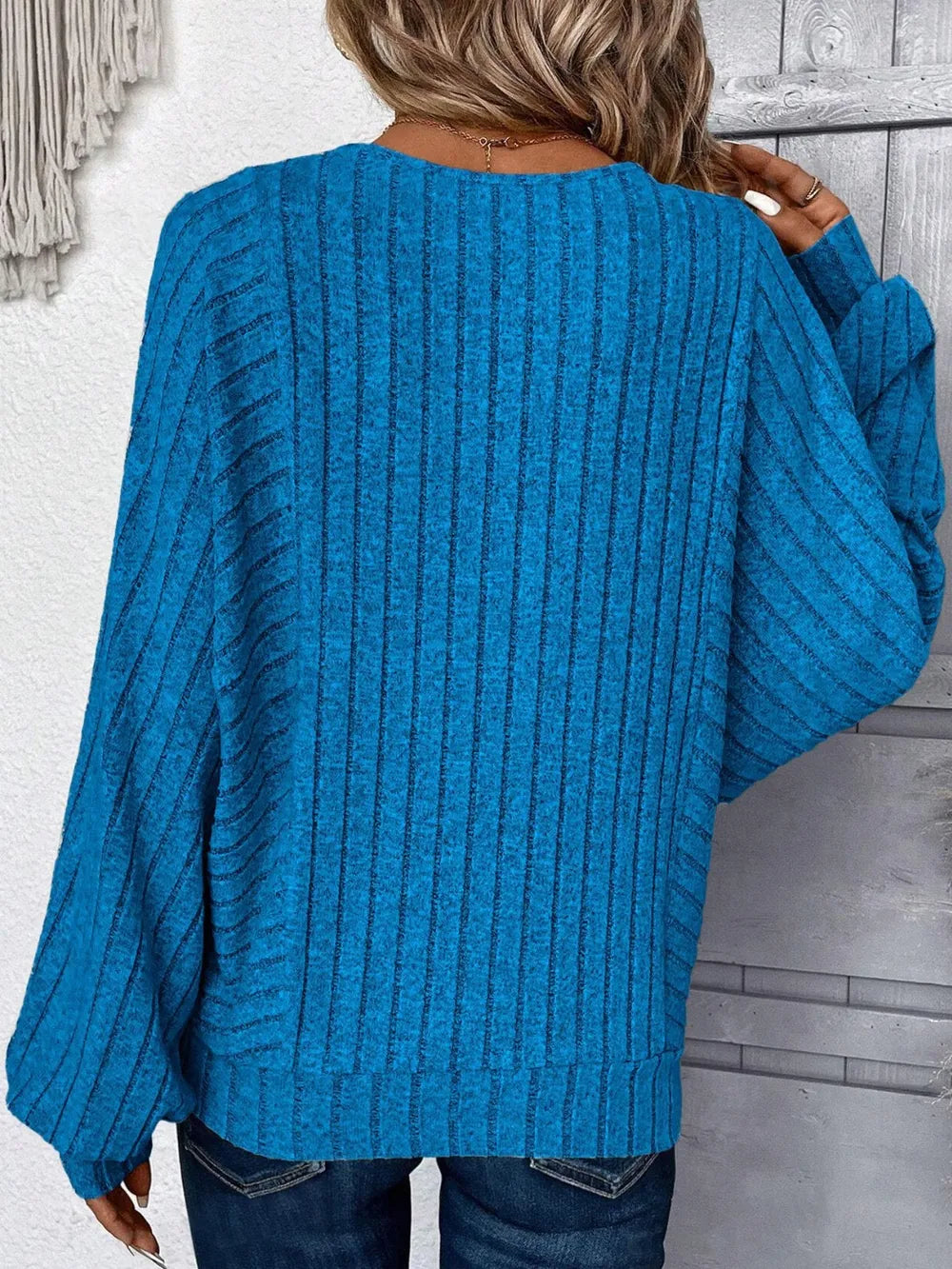 Plus Size Blue Batwing Sleeve Round Neck Top Back View Relaxed Casual Design