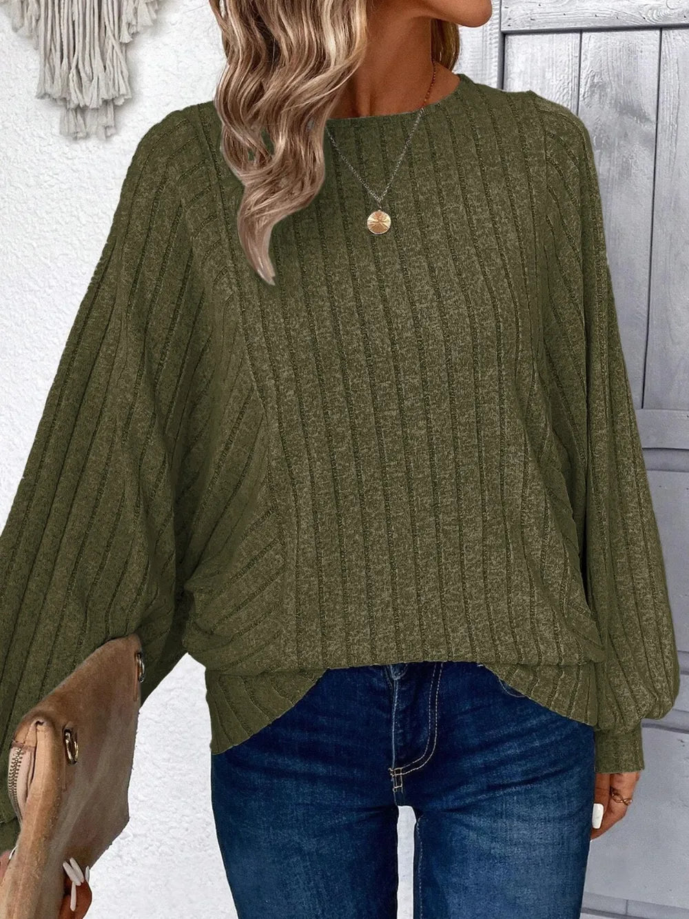 Moss Green Plus Size Batwing Sleeve Top Side View Casual Everyday Fashion