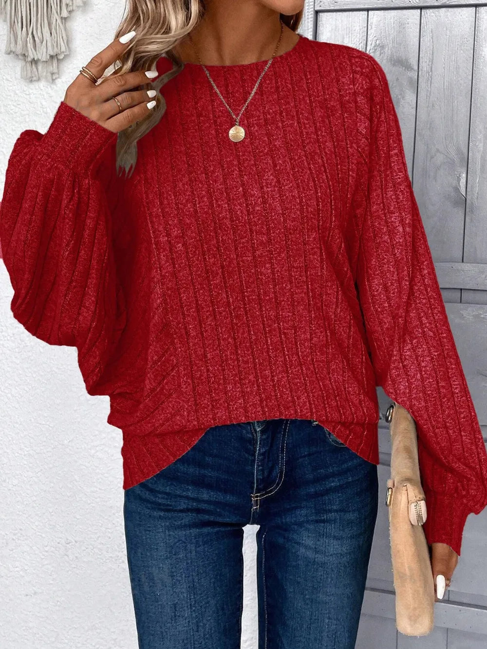Plus Size Rust Round Neck Batwing Sleeve Top Full Length Outfit View