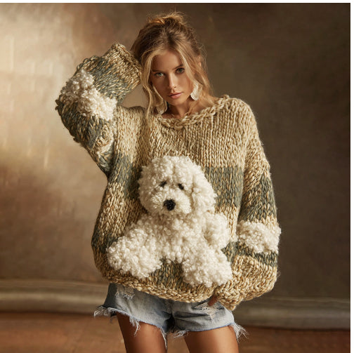puppy-face-knit-sweater-sleeve-detail
Long sleeve and ribbed cuff detail on cute oversized 3D puppy pullover sweater

Woman wearing a chunky knit sweater with a teddy bear design, holding a large teddy bear.