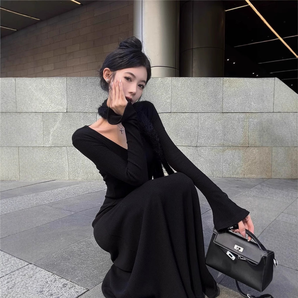 red-ribbed-maxi-dress-party-heels
Evening-ready styling: red ribbed A-line maxi dress with black heels and gold jewelry – OpusVenustas

Woman in a black outfit sitting against a modern building.
