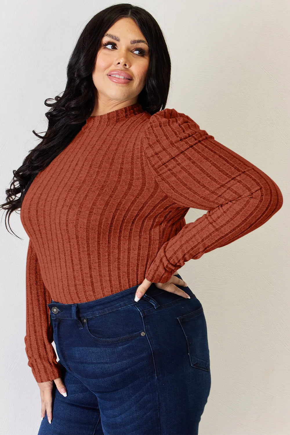 White ribbed ruched mock neck long sleeve top, perfect for office or brunch
