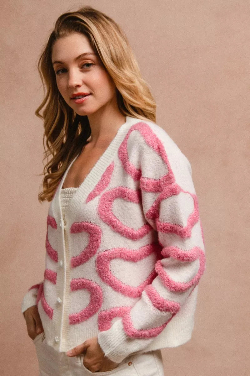 Romantic date night outfit featuring pink heart button V-neck cardigan

