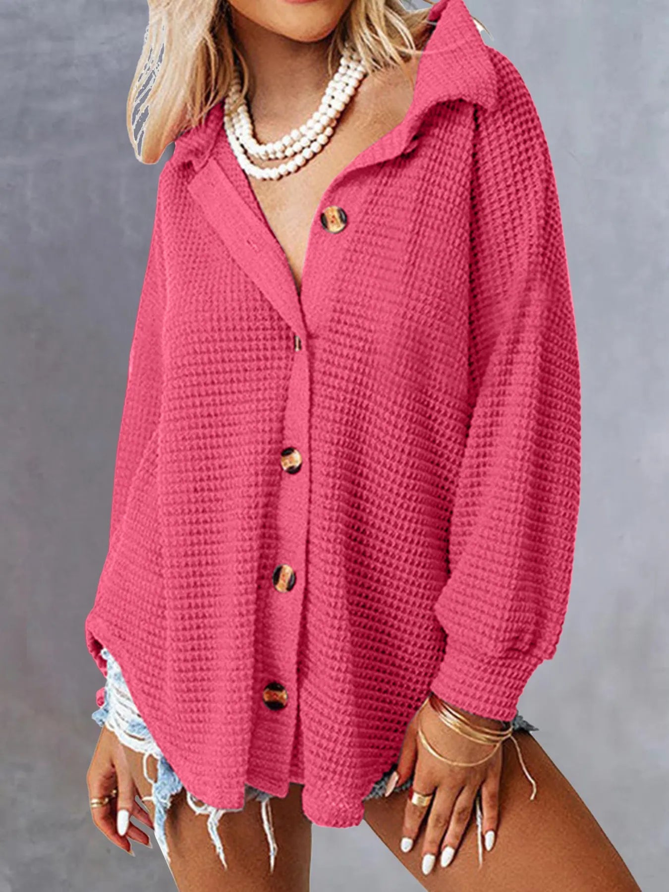 Rose red waffle knit pocket button down shirt front view vibrant women's casual shirt