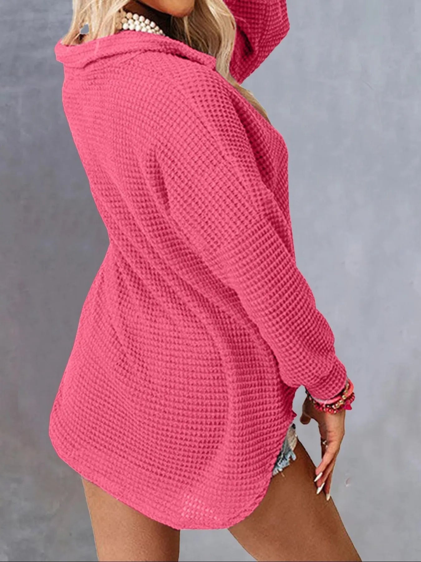 Rose red oversized waffle knit shirt with button front and relaxed silhouette