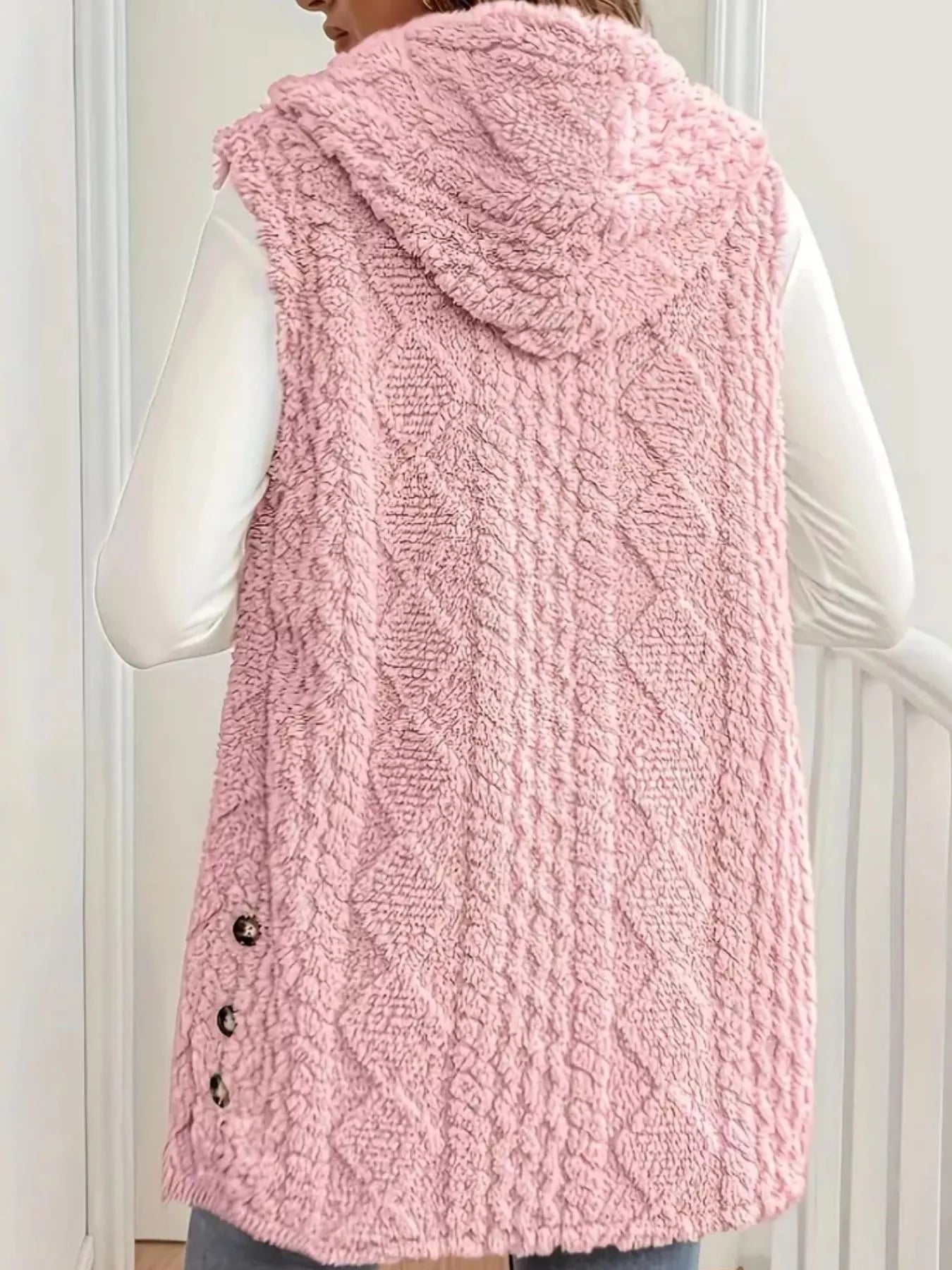 Cozy everyday look: sherpa hooded vest with black leggings and ankle boots