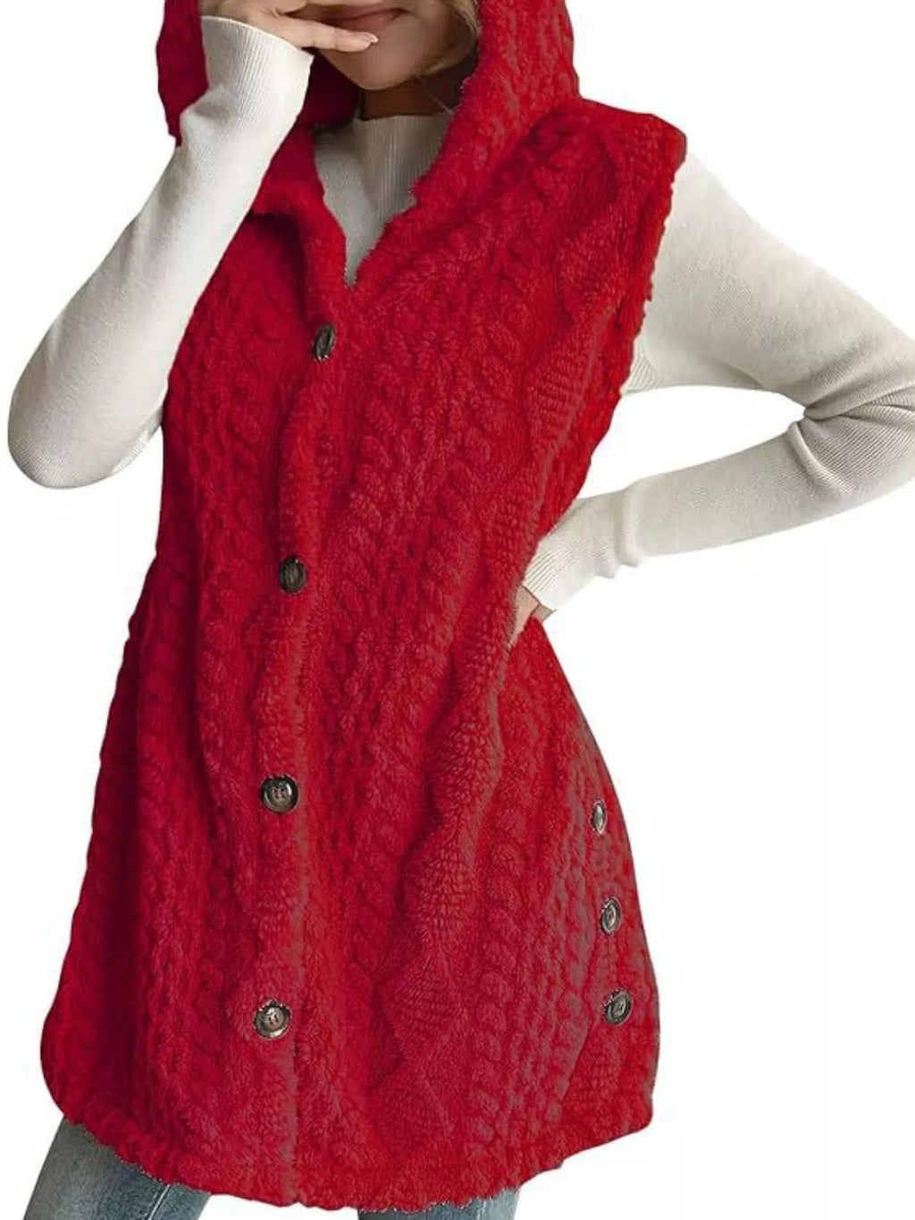 Layering idea: hooded sherpa vest over plaid flannel shirt