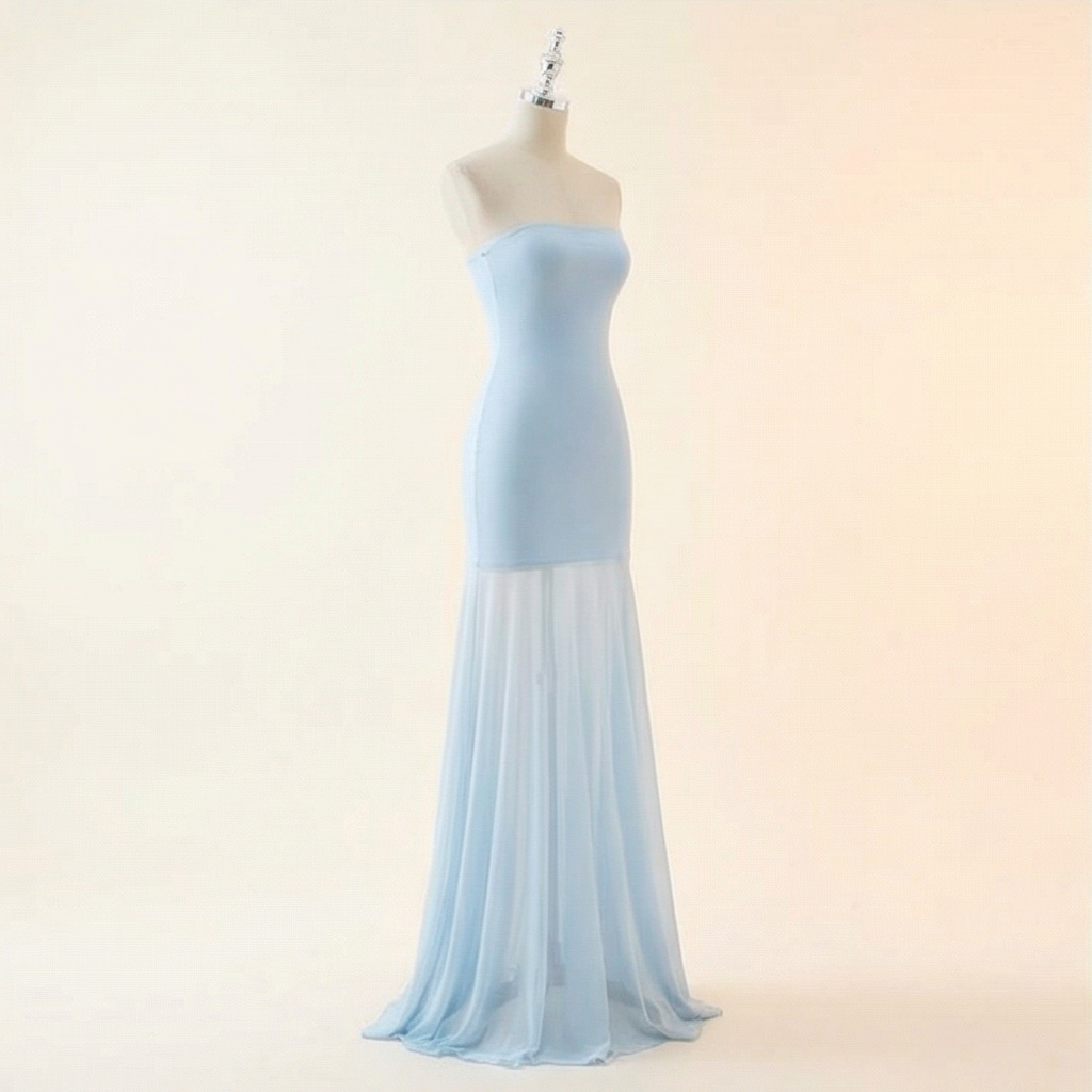 strapless-bodycon-dress-all-4-colors
All four colors lineup: blue, pink, black, yellow strapless sleeveless bodycon mini dresses
Light blue strapless gown on a mannequin against a plain background