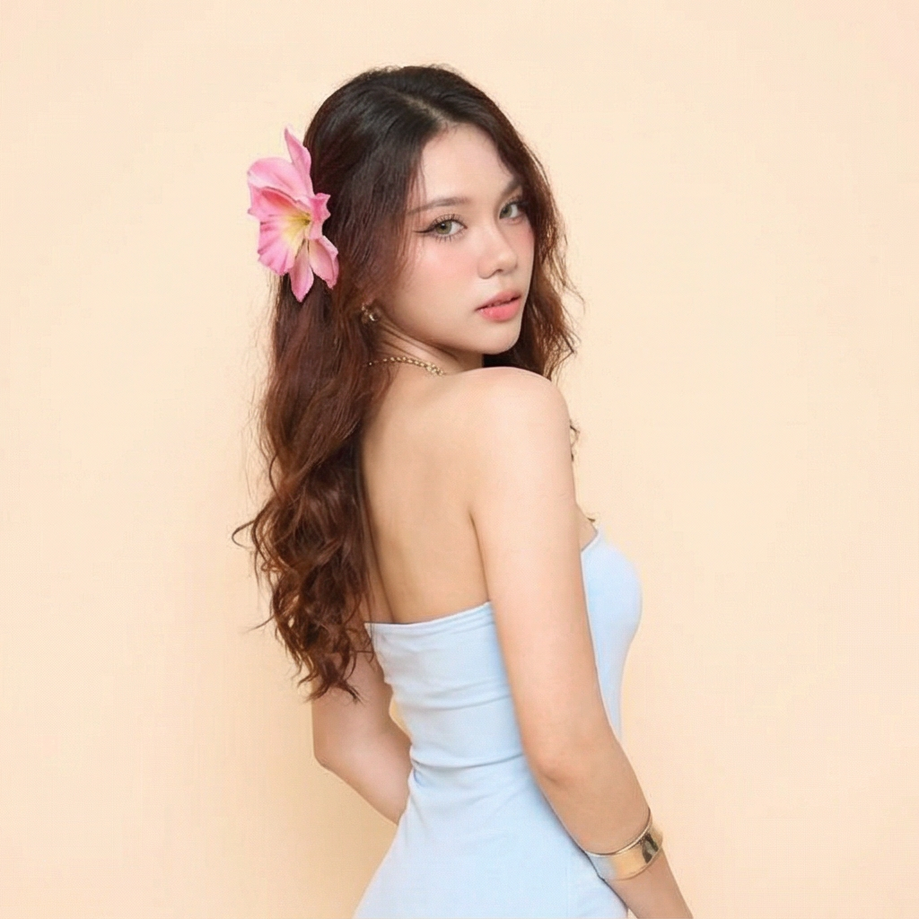 strapless-bodycon-mini-dress-blue-front
Blue strapless bodycon mini dress with high-waist fit, sleek summer party dress – OpusVenustas
Woman in a light blue dress with a pink flower in her hair against a beige background