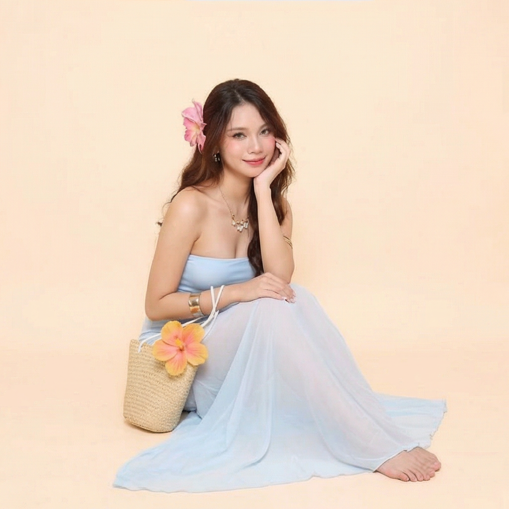 strapless-mini-dress-black-night-out
Black strapless bodycon mini dress styled for night out with gold heels and clutch – perfect going out dress
Woman in a light blue dress with floral accessories on a beige background