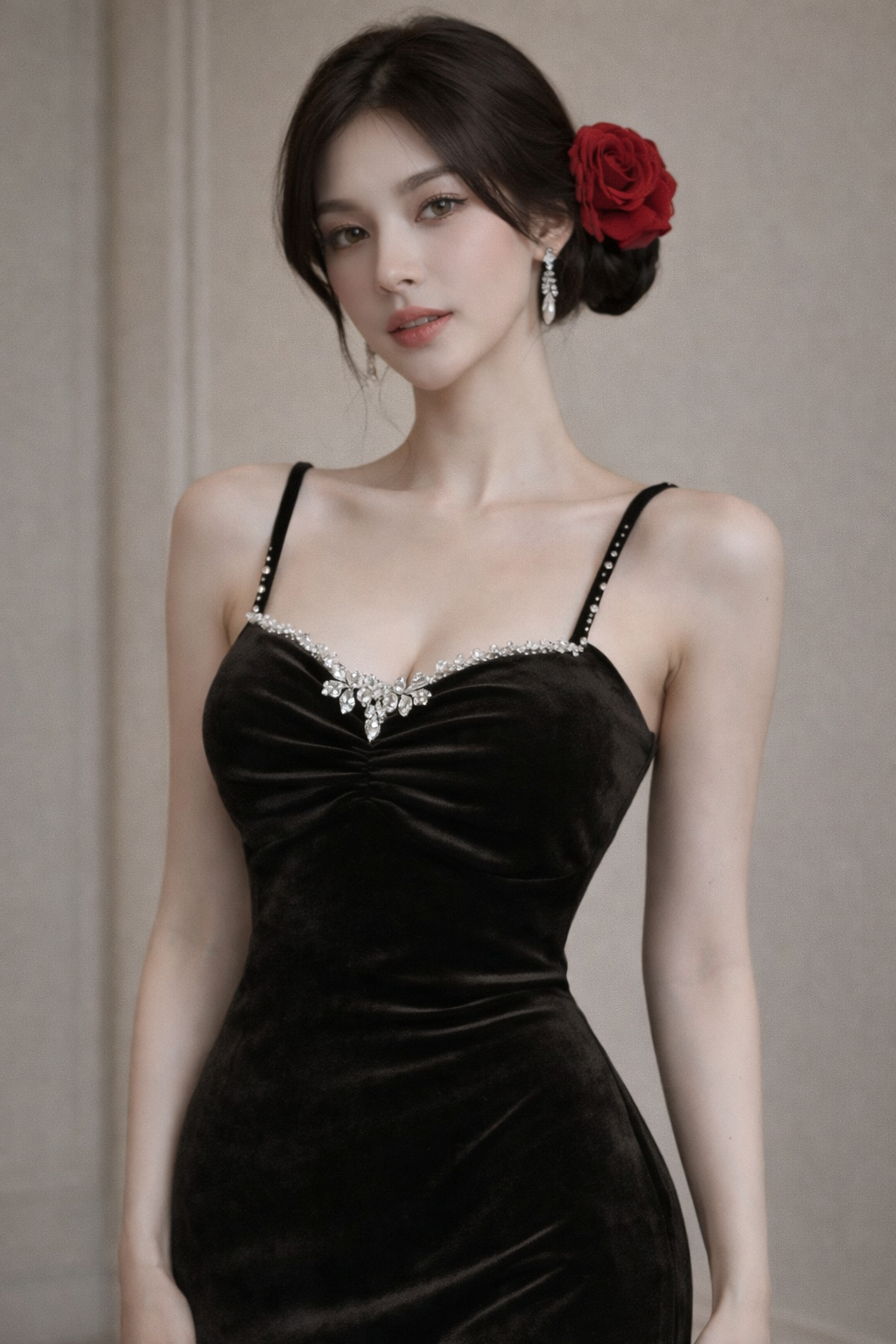 sweetheart-velvet-gown-back-view
Back view of elegant black velvet evening gown showing slim spaghetti straps and clean column silhouette

Woman wearing a black velvet dress with a red flower in her hair against a neutral background