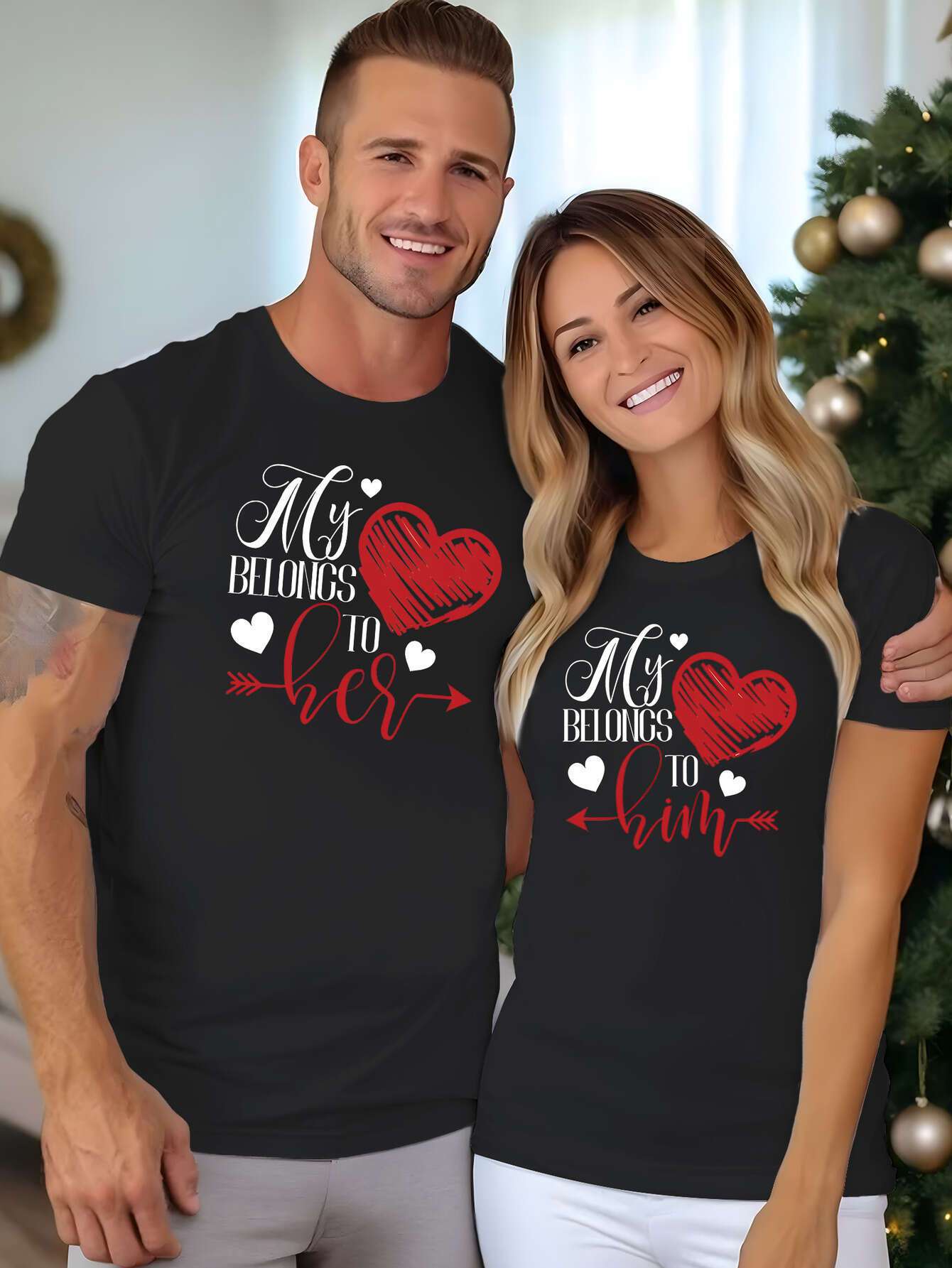 unisex-matching-tee-street-style-couple
Street style couple wearing white matching graphic T-shirts with sneakers and sunglasses

Man and woman wearing matching black t-shirts with heart designs in a festive indoor setting.