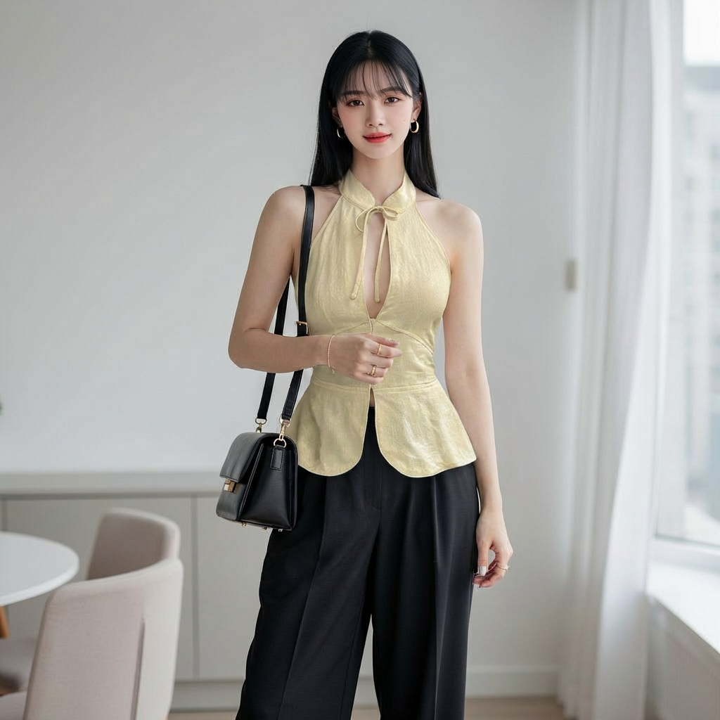 white-halter-peplum-blouse-office
White sleeveless halter peplum blouse styled for office with high-waist trousers and loafers

Woman wearing a yellow sleeveless top and black pants, holding a black handbag indoors.