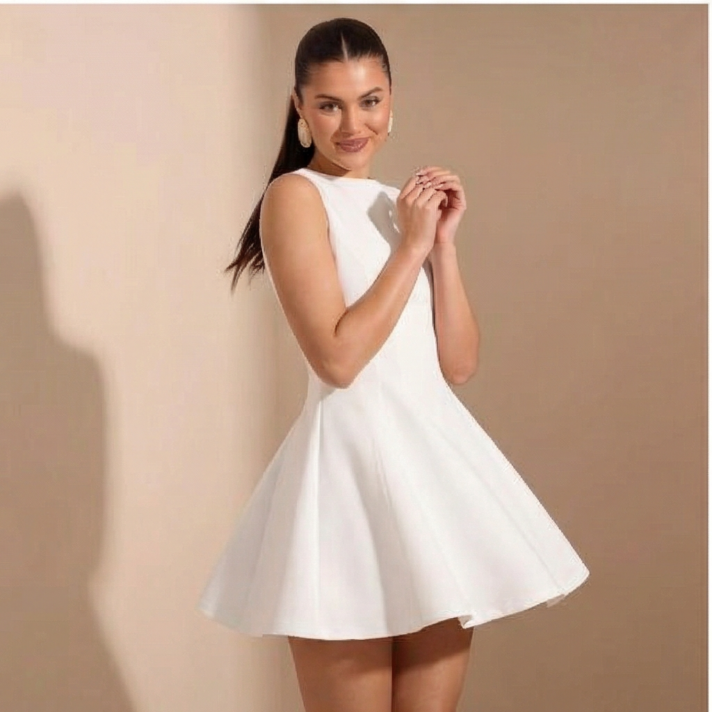 white-high-waist-mini-dress-closeup-waist
Close-up of flattering high-waist seam and soft pleated detail on white sleeveless A-line mini dress

Woman wearing a white dress against a beige background