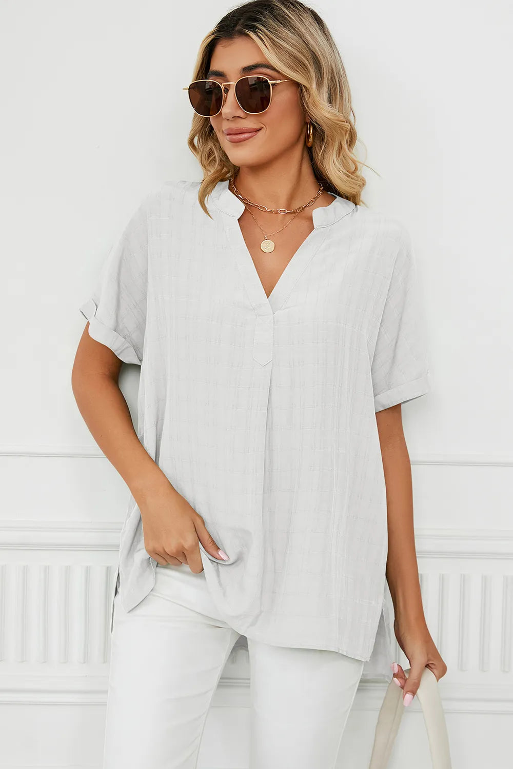 White ruched notched short sleeve blouse front view lightweight women's casual top