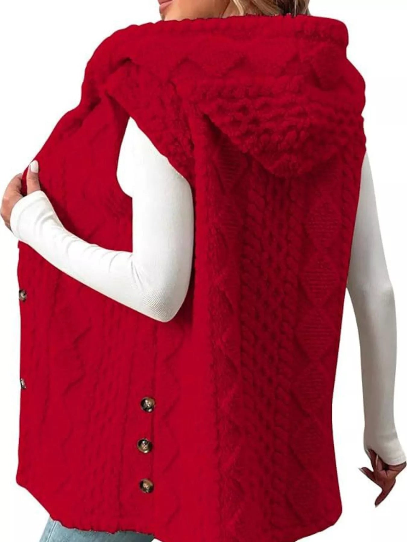 Full outfit featuring cozy hooded sherpa button-up vest for cold weather